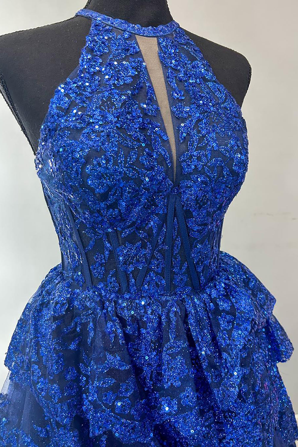 Sequins Halter Neck Tiered A Line Long Corset Prom Dress with Slit