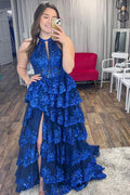 Sequins Halter Neck Tiered A Line Long Corset Prom Dress with Slit