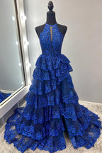 Sequins Halter Neck Tiered A Line Long Corset Prom Dress with Slit
