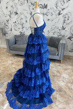 Sequins Halter Neck Tiered A Line Long Corset Prom Dress with Slit