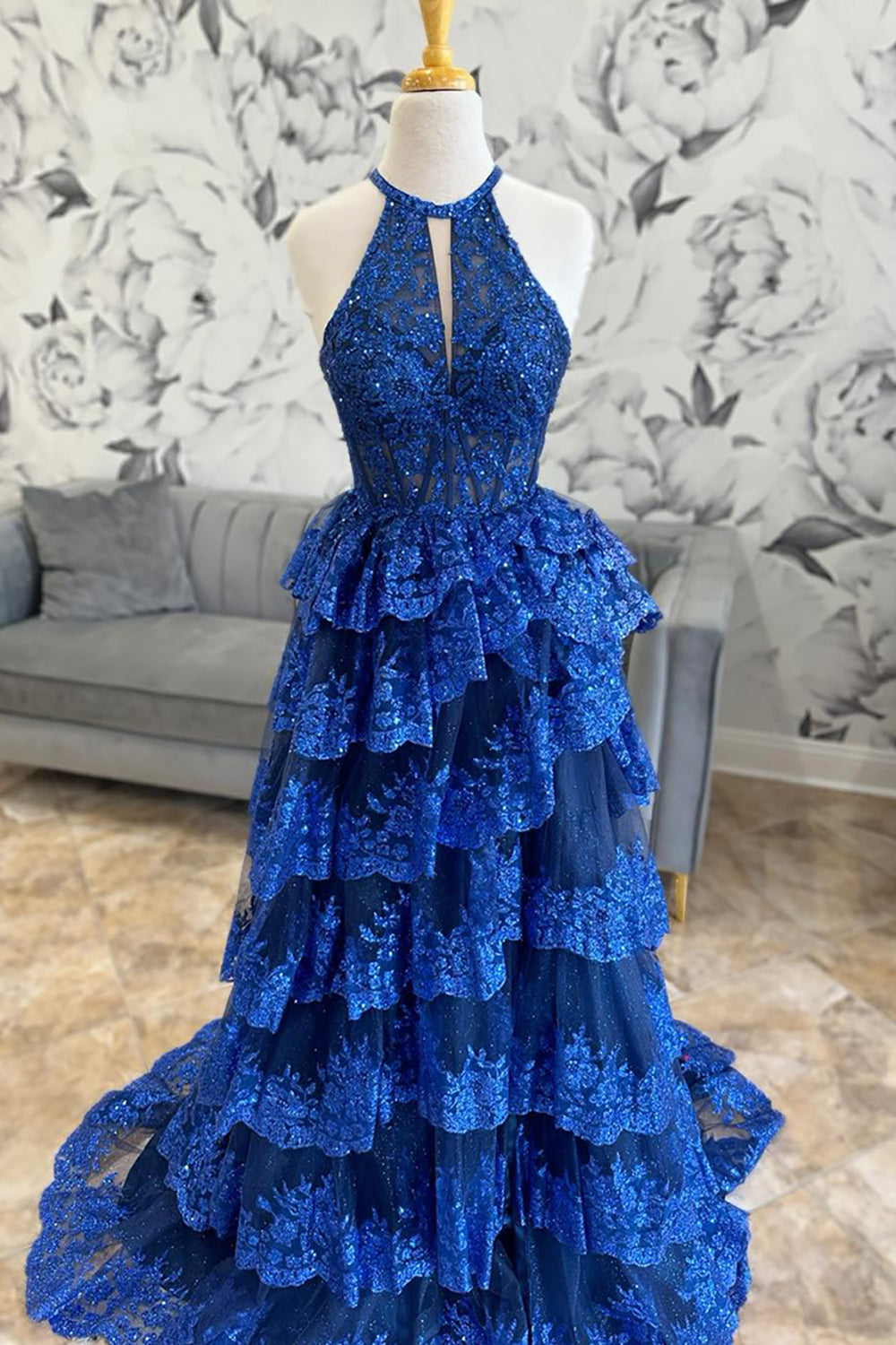 Sequins Halter Neck Tiered A Line Long Corset Prom Dress with Slit