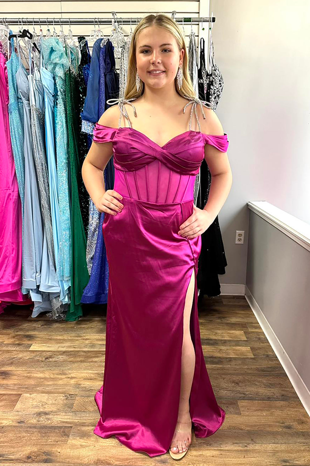 Satin Sheath Off The Shoulder Long Corset Prom Dress with Slit
