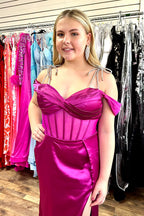 Satin Sheath Off The Shoulder Long Corset Prom Dress with Slit