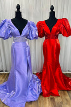 V Neck Mermaid Puff Sleeves Long Prom Dress with Slit