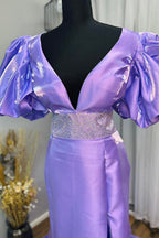 V Neck Mermaid Puff Sleeves Long Prom Dress with Slit