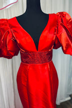 V Neck Mermaid Puff Sleeves Long Prom Dress with Slit