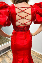 V Neck Mermaid Puff Sleeves Long Prom Dress with Slit