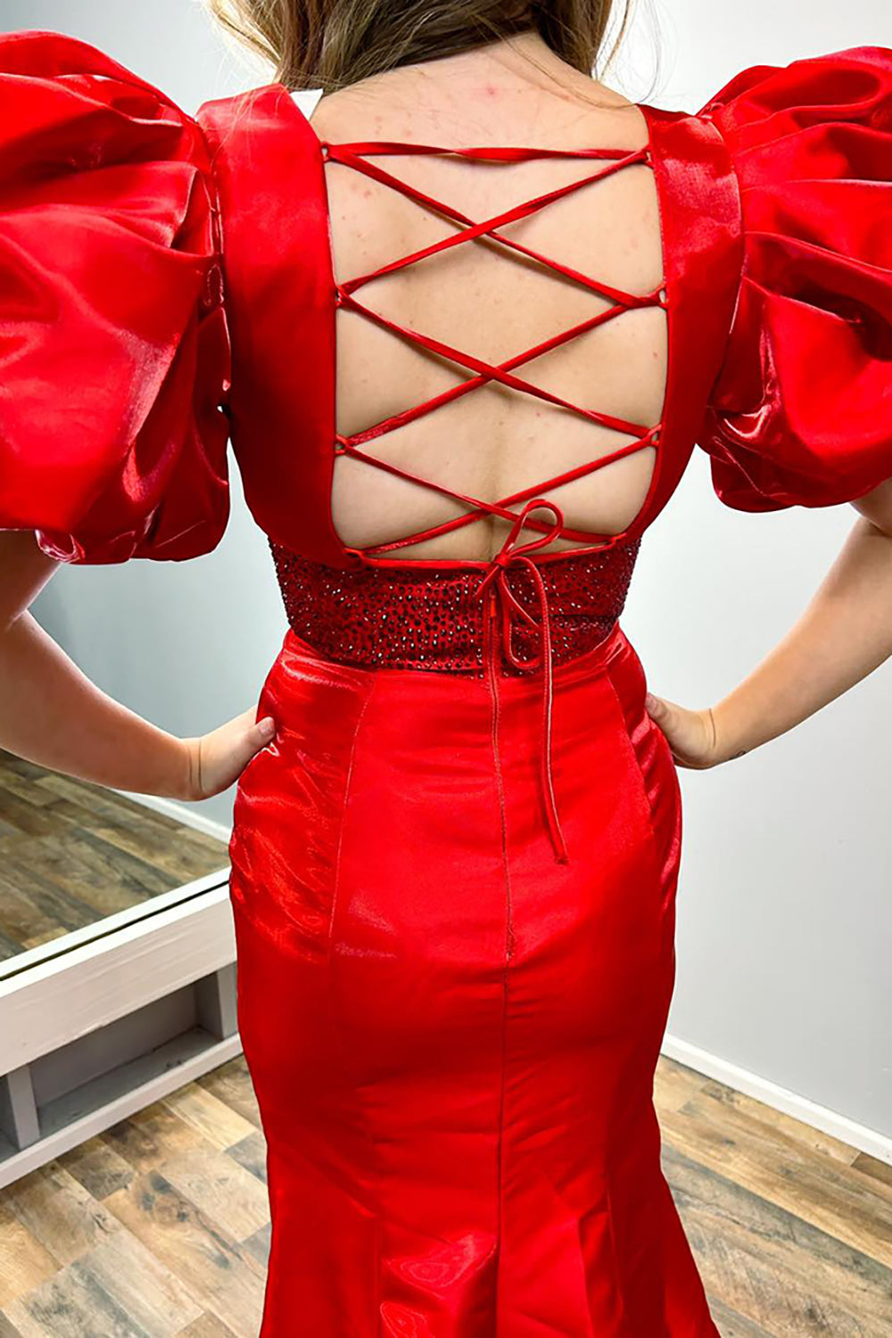 V Neck Mermaid Puff Sleeves Long Prom Dress with Slit