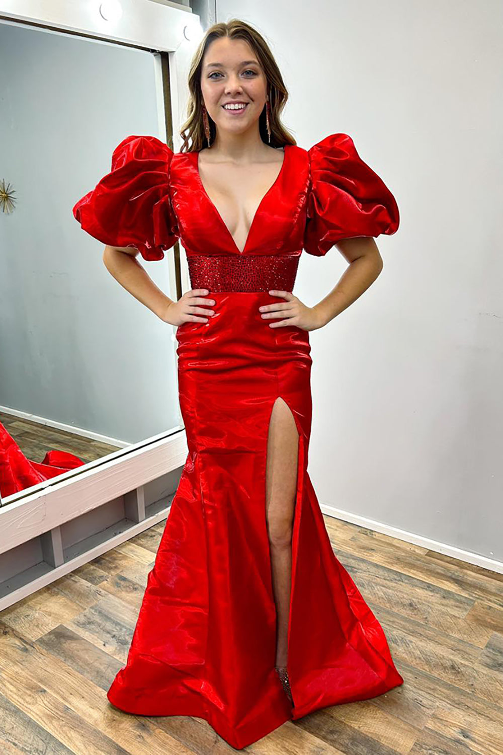 V Neck Mermaid Puff Sleeves Long Prom Dress with Slit