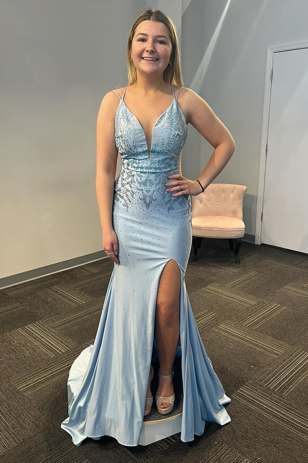 Satin Beaded Mermaid Spaghetti Straps Long Prom Dress