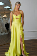 Spaghetti Straps A-Line Satin Long Prom Dress with Slit