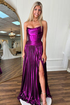 Strapless Metallic Pleated A-Line Long Corset Prom Dress with Slit