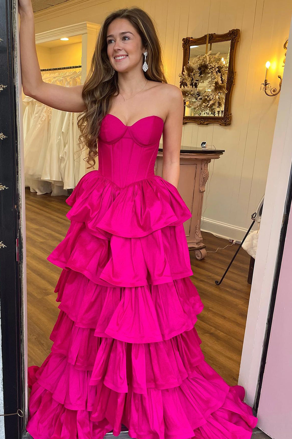 Sweetheart A-Line Satin Tiered Long Corset Prom Dress