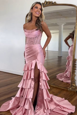 Robe de bal longue sirène bustier en satin rose poudré à volants et sequins