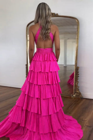 Vestido de fiesta largo de corte A, con cuello halter, falda escalonada con cuentas y corsé, con abertura.