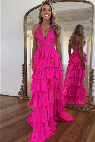 Vestido de fiesta largo de corte A, con cuello halter, falda escalonada con cuentas y corsé, con abertura.