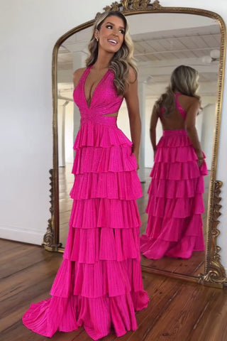 Vestido de fiesta largo de corte A, con cuello halter, falda escalonada con cuentas y corsé, con abertura.