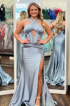 Halter Neck Meramid Satin Long Corset Prom Dress with Slit