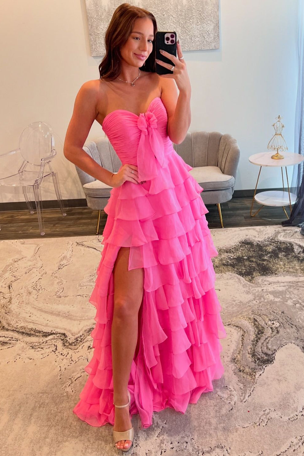 Vestido largo de fiesta TUYUKU de corte A, escote corazón, gasa con volantes y abertura