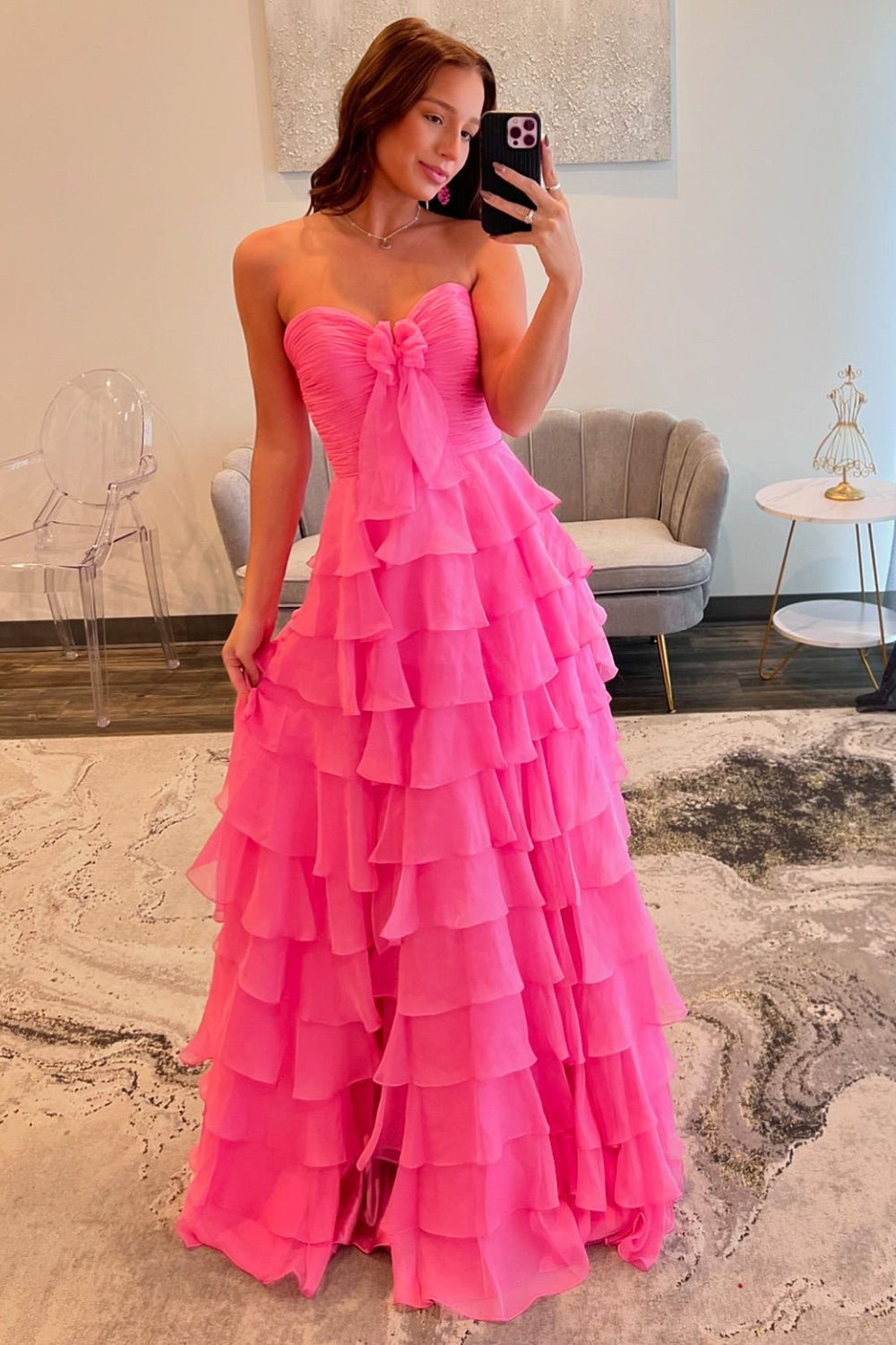 Vestido largo de fiesta TUYUKU de corte A, escote corazón, gasa con volantes y abertura