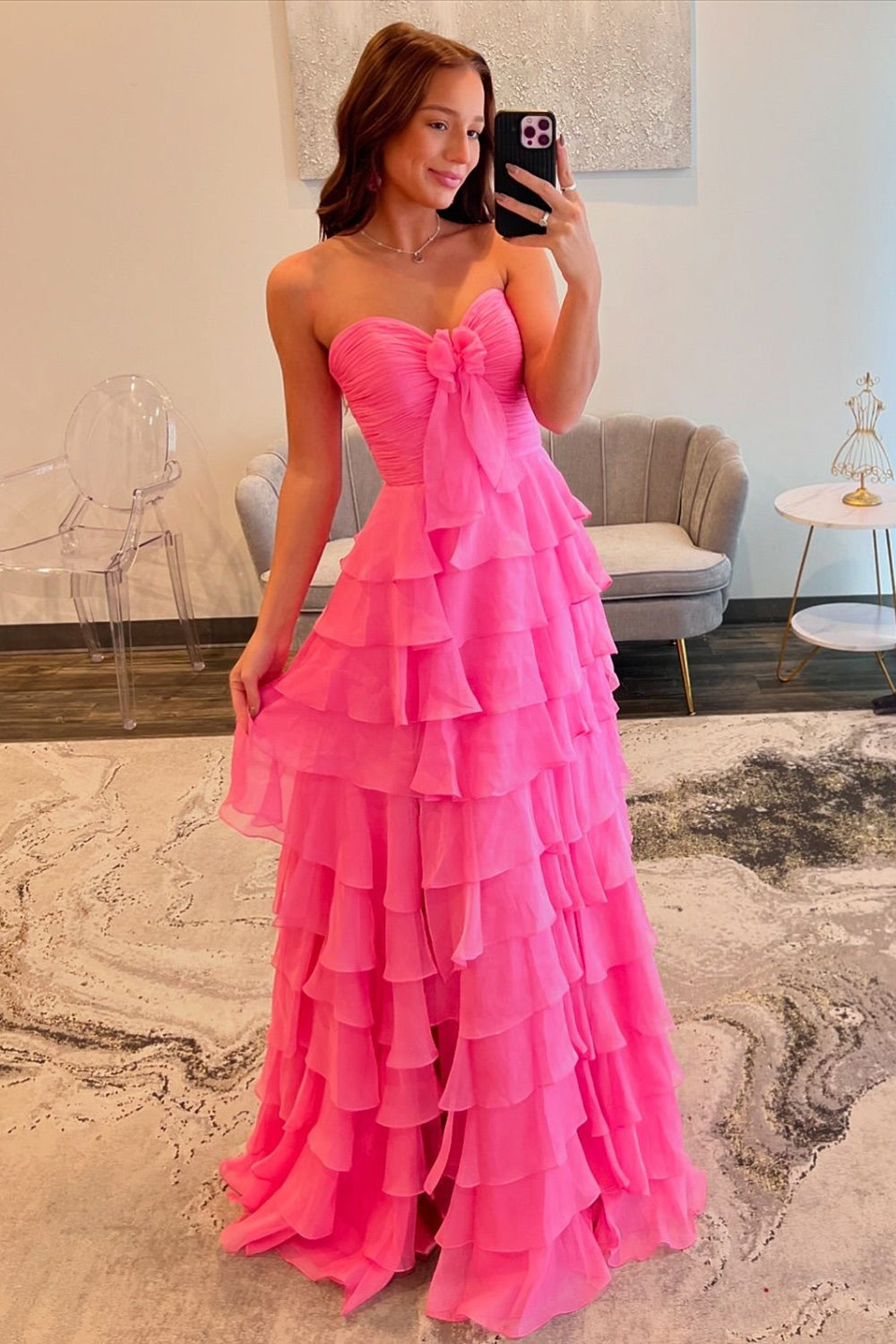 Vestido largo de fiesta TUYUKU de corte A, escote corazón, gasa con volantes y abertura