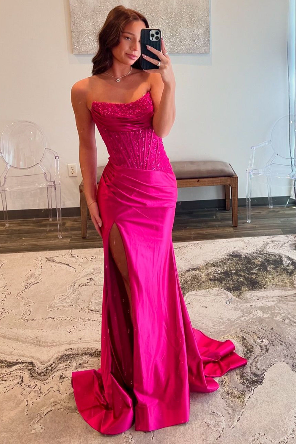Sparkly Strapless Mermaid Satin Long Corset Prom Dress with Sequins