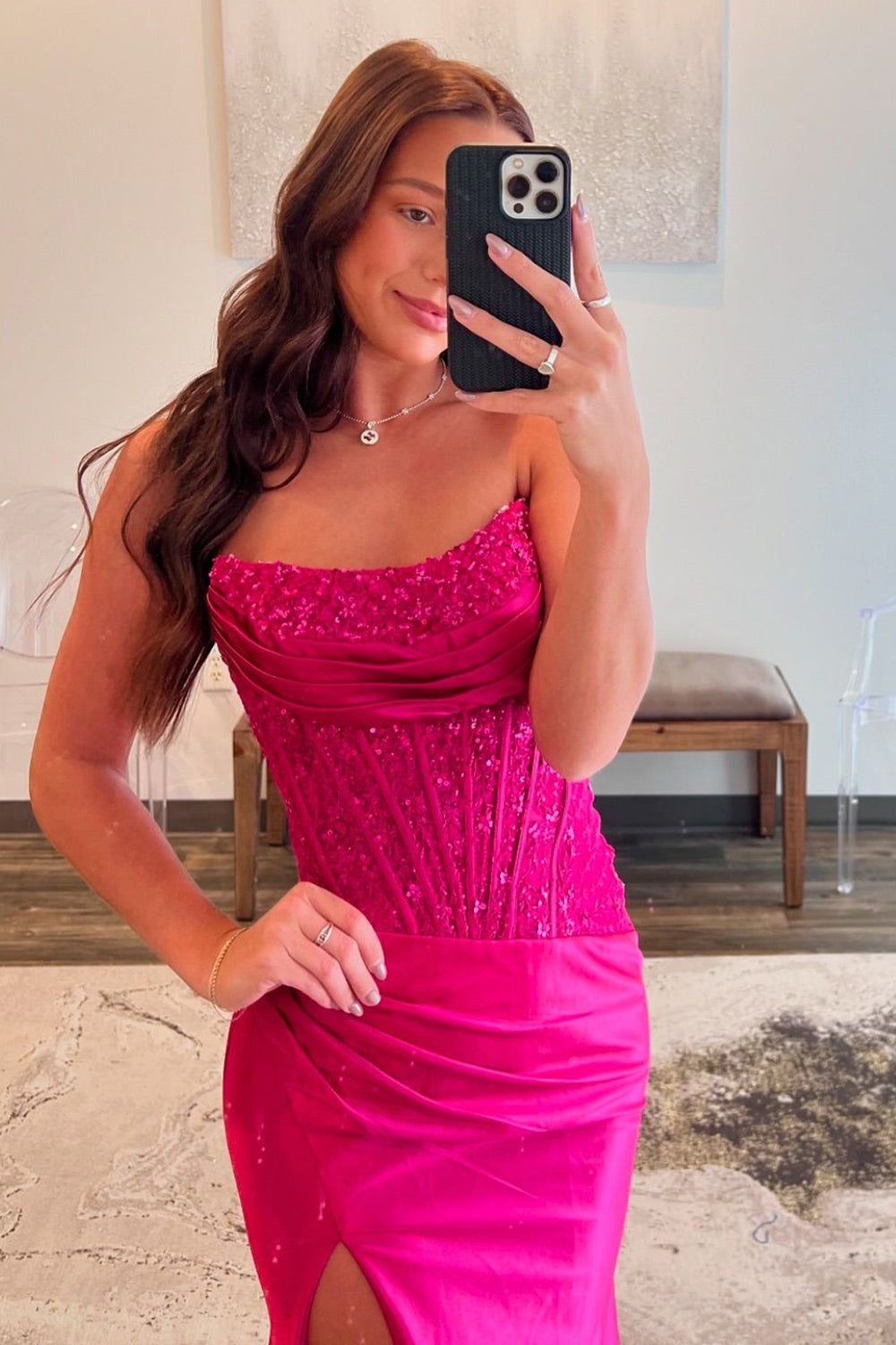 Sparkly Strapless Mermaid Satin Long Corset Prom Dress with Sequins