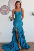 Robe de bal longue à volants en sirène scintillante et perlée avec fente