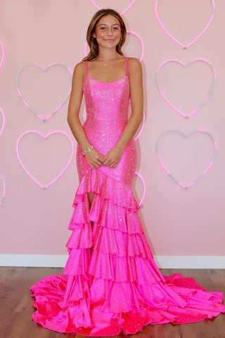 Robe de bal longue à volants en sirène scintillante et perlée avec fente