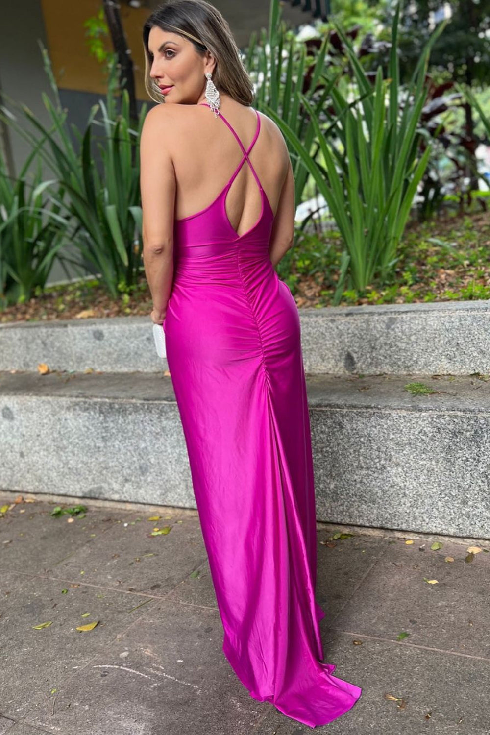 Spaghetti Straps Sheath Satin Ruched Long Prom Dress