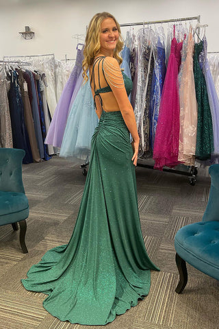 One Shoulder Mermaid Beaded Long Prom Dress with High Slit