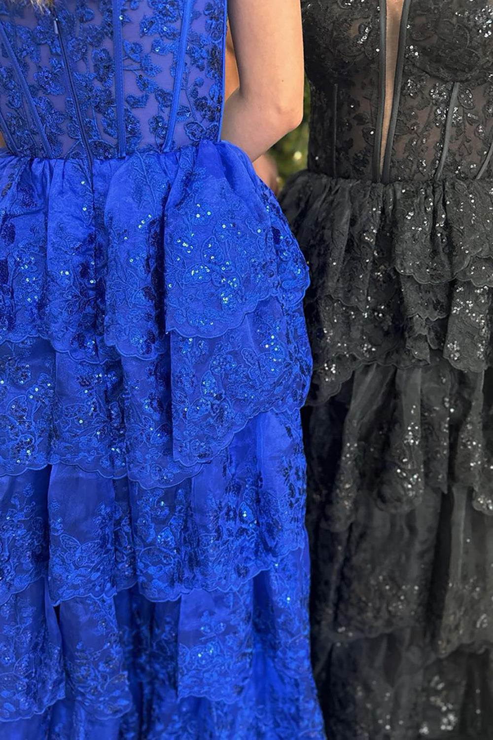 Sequins Spaghetti Straps Tulle Tiered Long Corset Prom Dress with Appliques