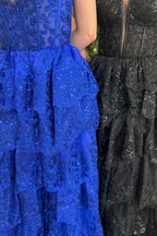 Sequins Spaghetti Straps Tulle Tiered Long Corset Prom Dress with Appliques