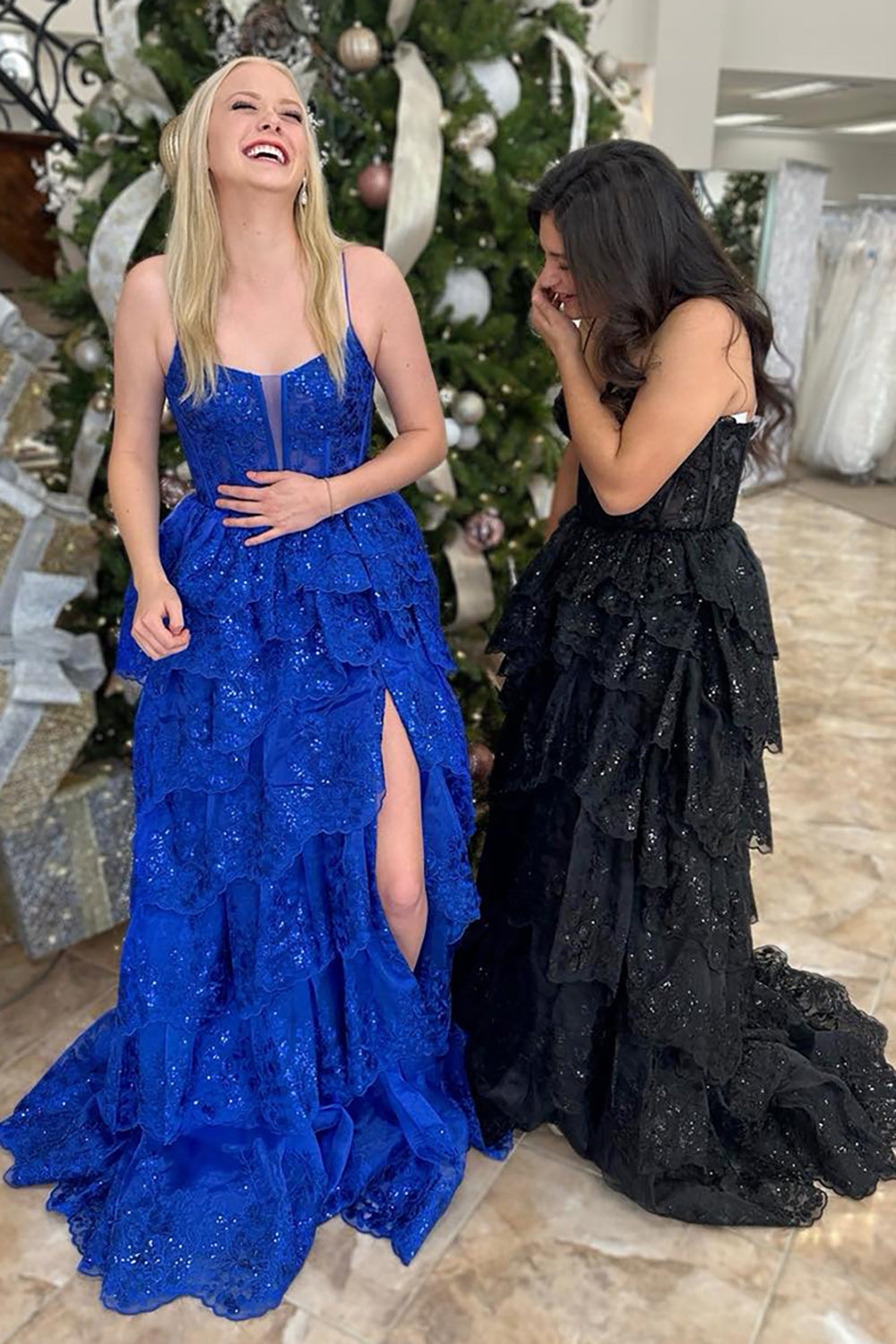 Sequins Spaghetti Straps Tulle Tiered Long Corset Prom Dress with Appliques