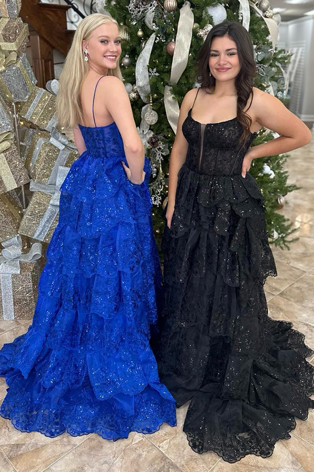 Sequins Spaghetti Straps Tulle Tiered Long Corset Prom Dress with Appliques