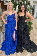 Sequins Spaghetti Straps Tulle Tiered Long Corset Prom Dress with Appliques