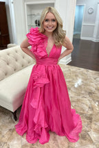V Neck A Line Long Prom Dress with Ruffles