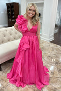 V Neck A Line Long Prom Dress with Ruffles