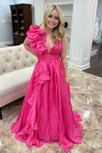 V Neck A Line Long Prom Dress with Ruffles