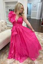 V Neck A Line Long Prom Dress with Ruffles