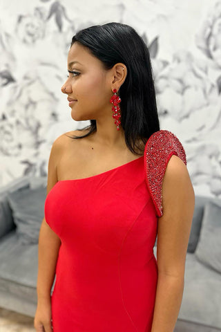 One Shoulder Mermaid Beaded Long Prom Dress with Slit