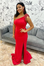 One Shoulder Mermaid Beaded Long Prom Dress with Slit