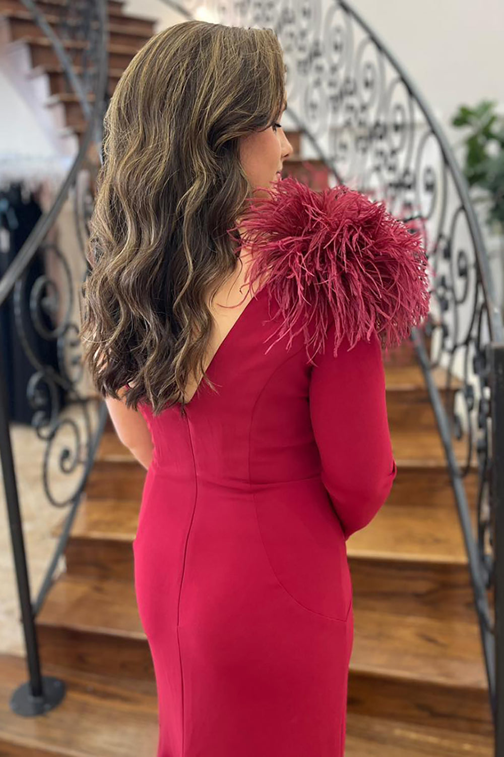 One Shoulder Mermaid Feather Long Prom Dress with Slit