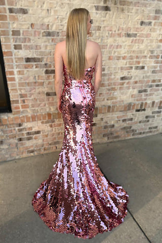Sparkly Rose Gold Sweetheart Sequins Mermaid Long Prom Dress
