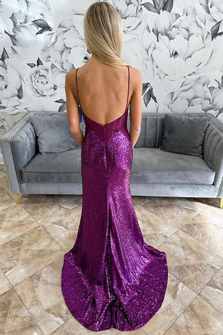 Sparkly Grape Mermaid Spaghetti Straps Sequins Long Prom Dress with Slit