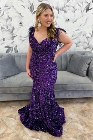 Sparkly Grape Off The Shoulder Sequins Mermaid Long Prom Dress with Feather