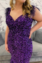 Sparkly Grape Off The Shoulder Sequins Mermaid Long Prom Dress with Feather