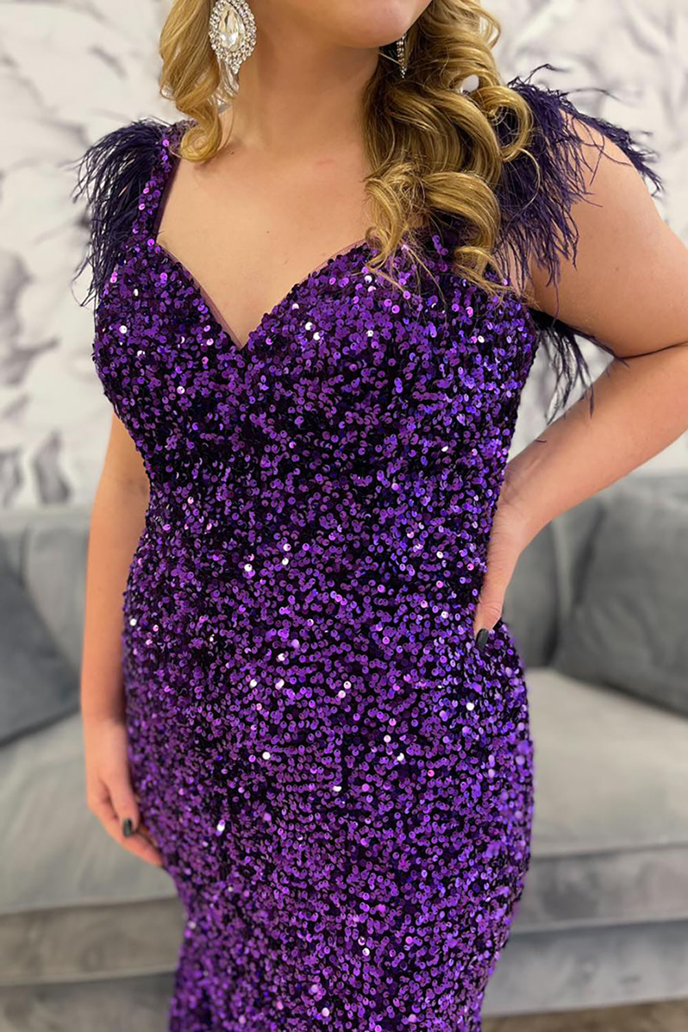 Sparkly Grape Off The Shoulder Sequins Mermaid Long Prom Dress with Feather