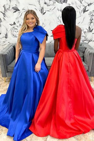 One Shoulder Princess Satin Long Prom Dress with Bow