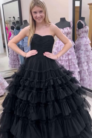 Vestido largo de fiesta de corte A, sin tirantes, de tul y con volantes, a la moda